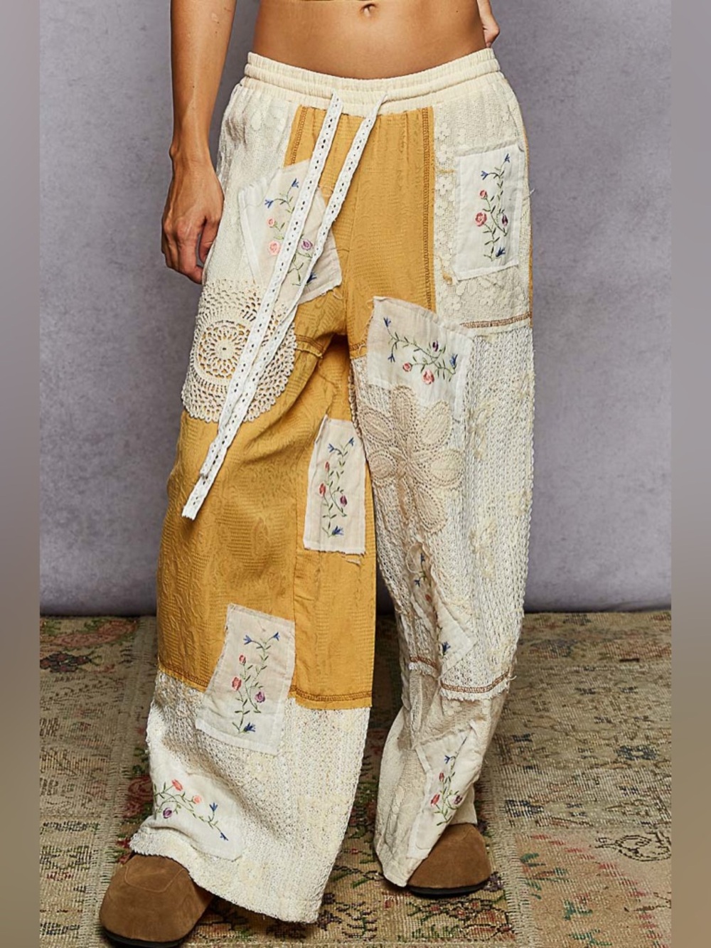 POL Patchwork Cream and Mustard Top and Wide-Leg pant set - Picture 6 of 12